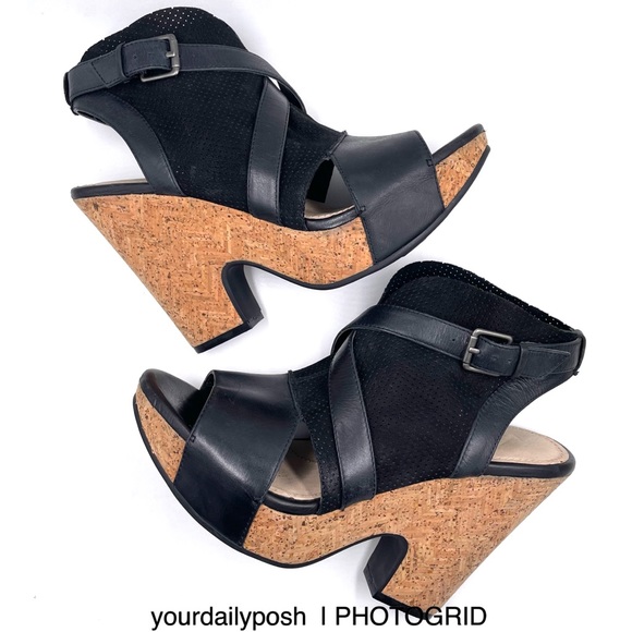 Black nubuck leather Naya cork heel Maple platform sandals pumps US 7.5 - Picture 1 of 14